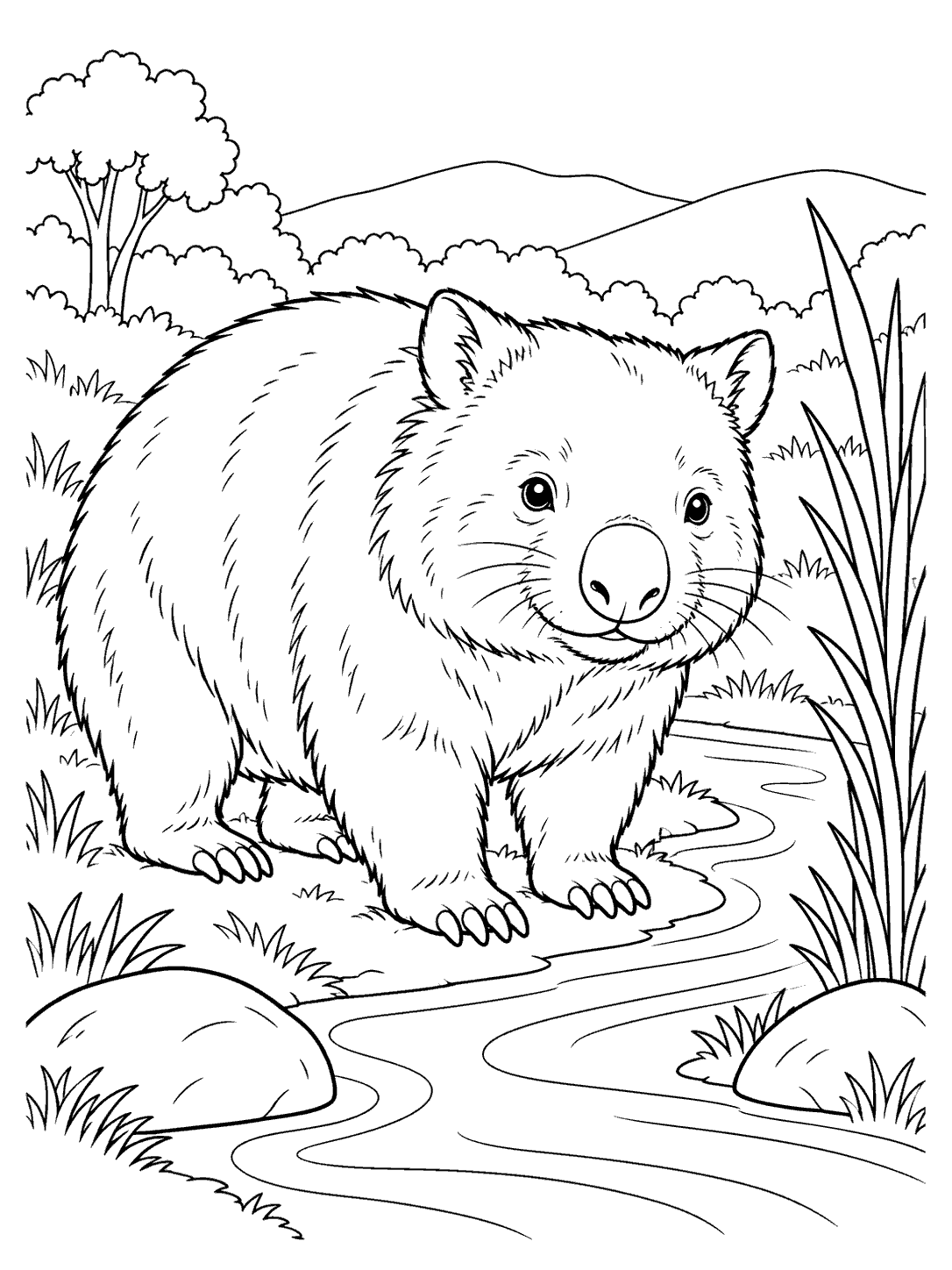 A fully visible wombat beside a winding creek, with reeds and two rounded stones, drawn in black outlines on white.