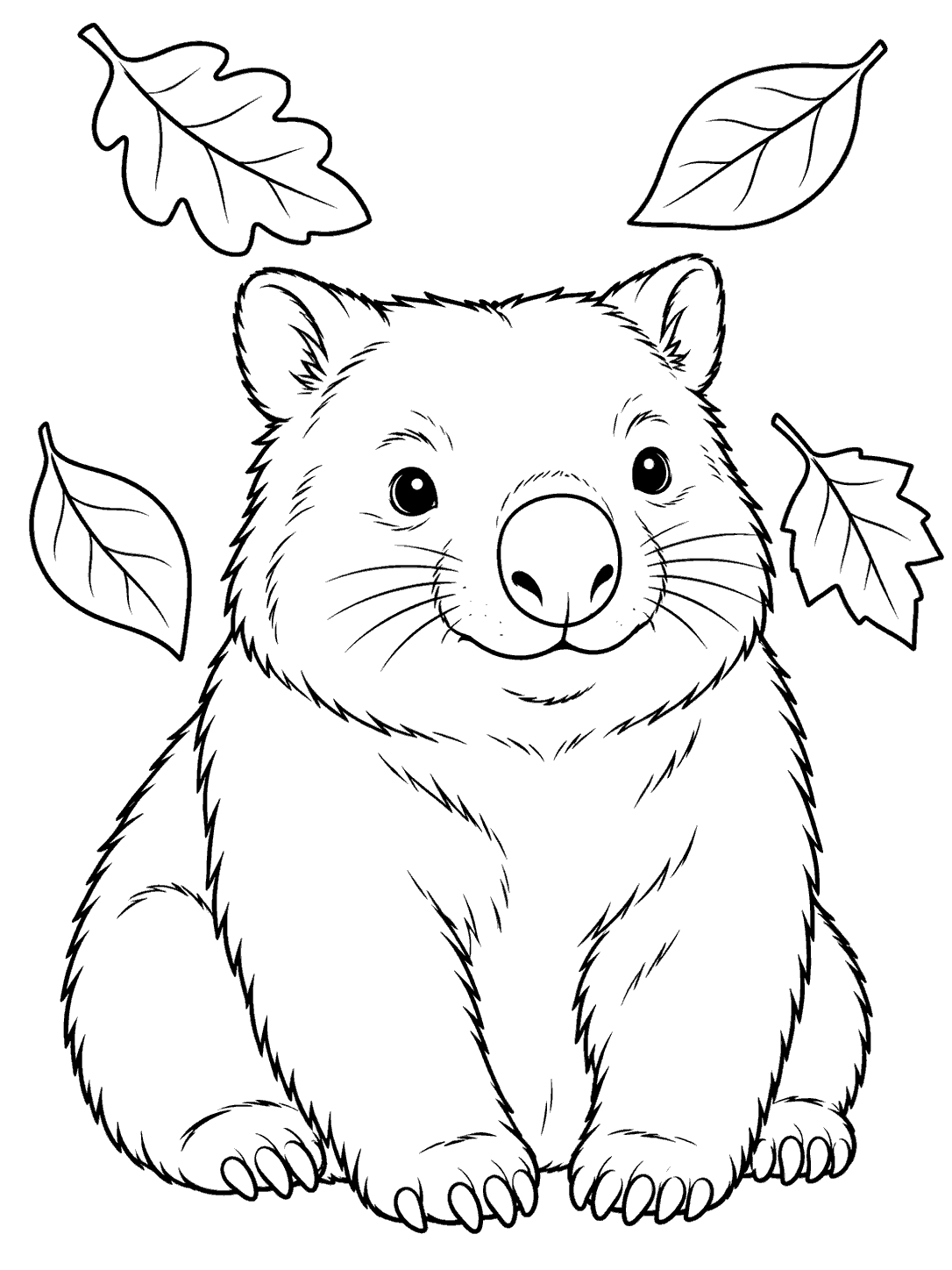 Seated wombat with four oversized falling leaves in a black-outline coloring page