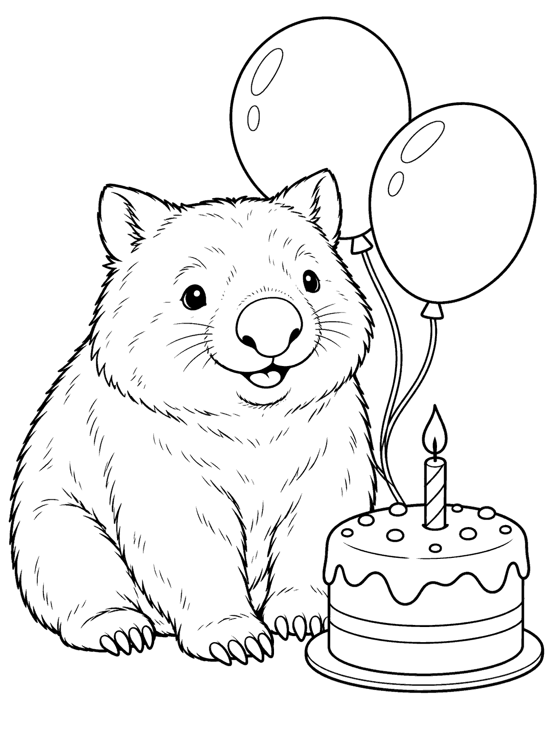 A seated wombat beside a small cake with one candle and two large balloons, drawn in black outlines on white.
