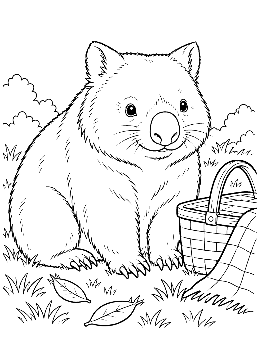 A large seated wombat beside a woven picnic basket and draped blanket corner, with grass and two leaves.