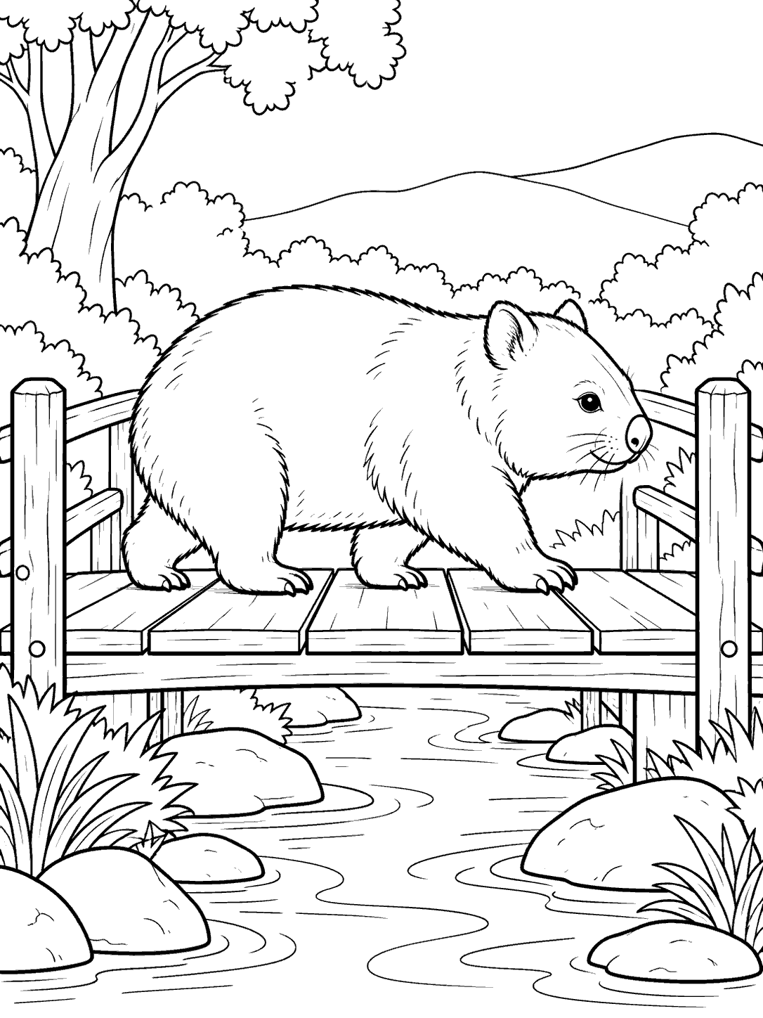 A side-view wombat crossing a wooden footbridge above a narrow stream, surrounded by rocks, grasses, shrubs, and trees.