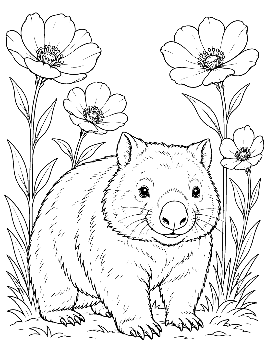 A fluffy wombat surrounded by four large wildflowers on long stems, drawn in black line art.