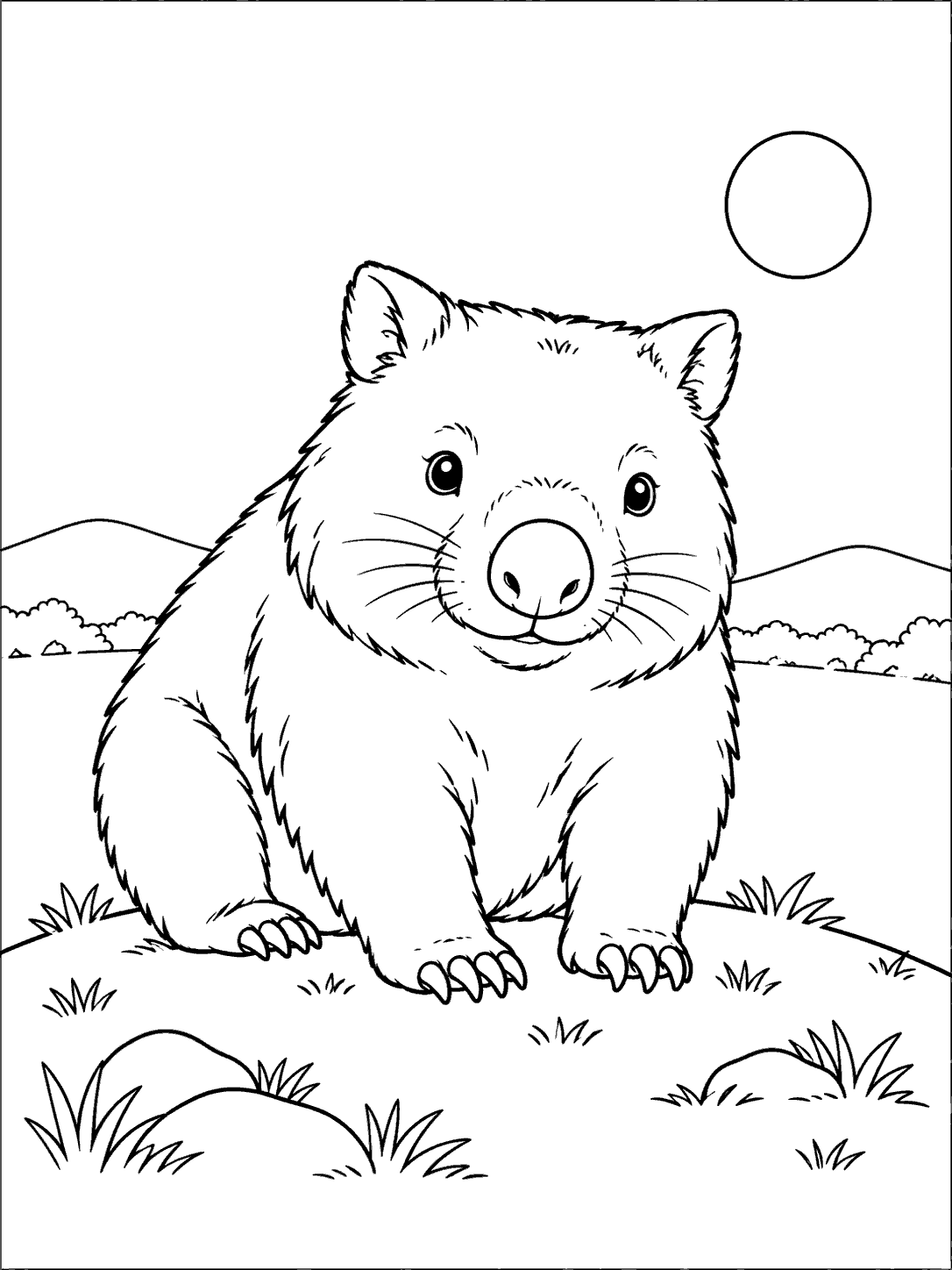 Wombat sitting on a rounded hilltop beneath a small sun, with distant hills and grassy foreground.