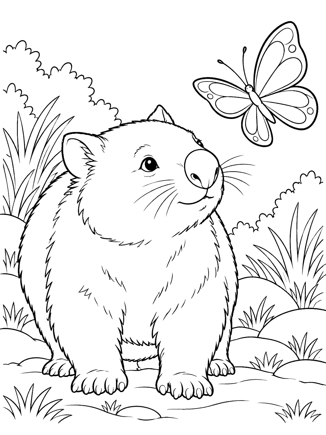A seated wombat looking up at a large butterfly hovering nearby, among grass and low shrubs.