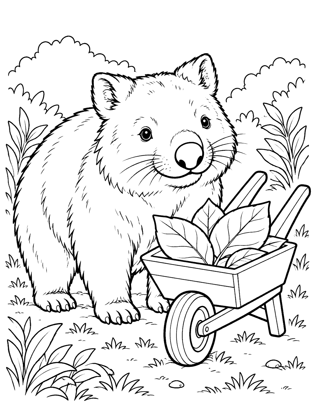 Wombat beside a leaf-filled wheelbarrow