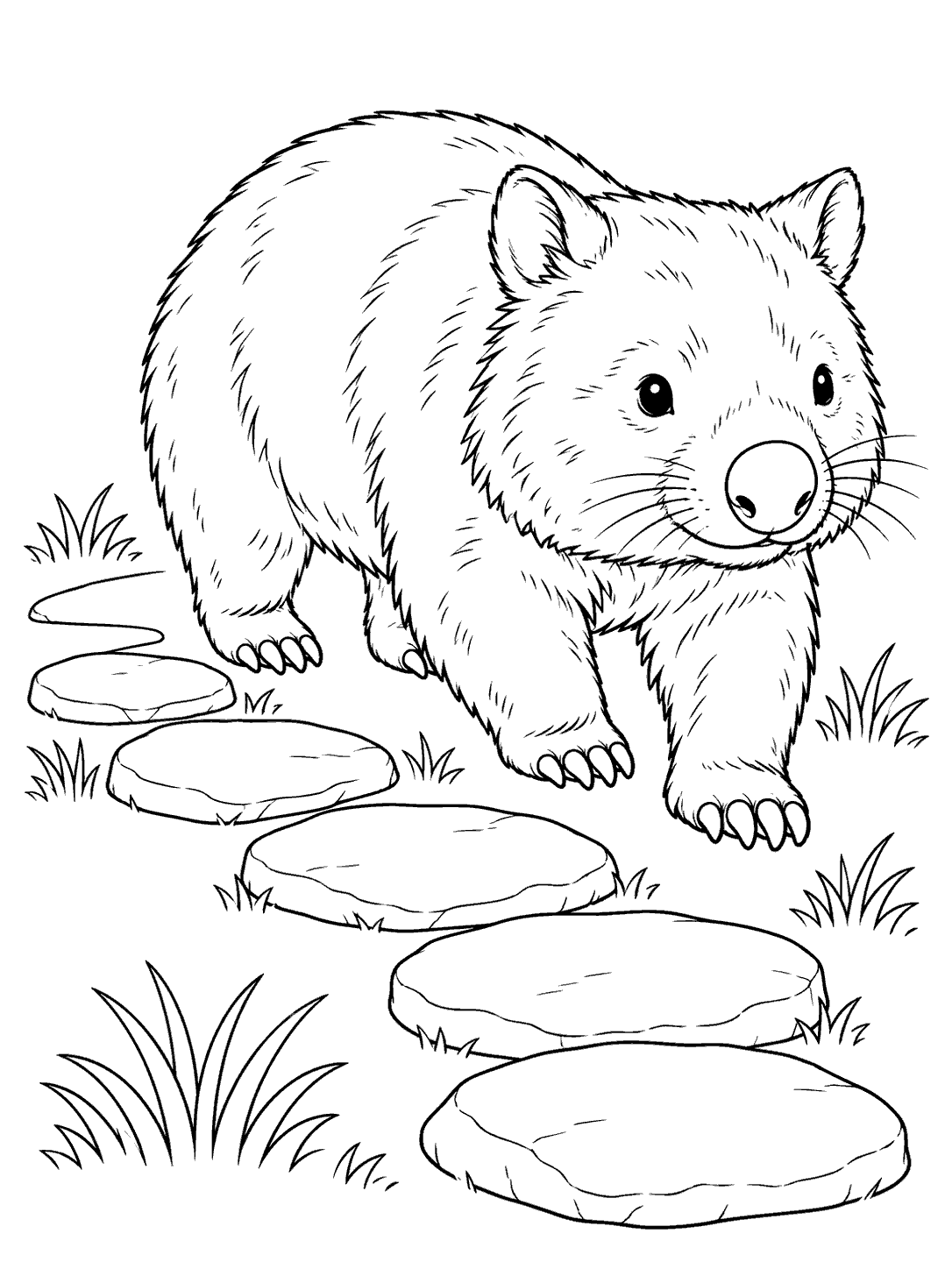 Wombat walking beside a winding path of five large stepping stones, with sparse grass clumps.
