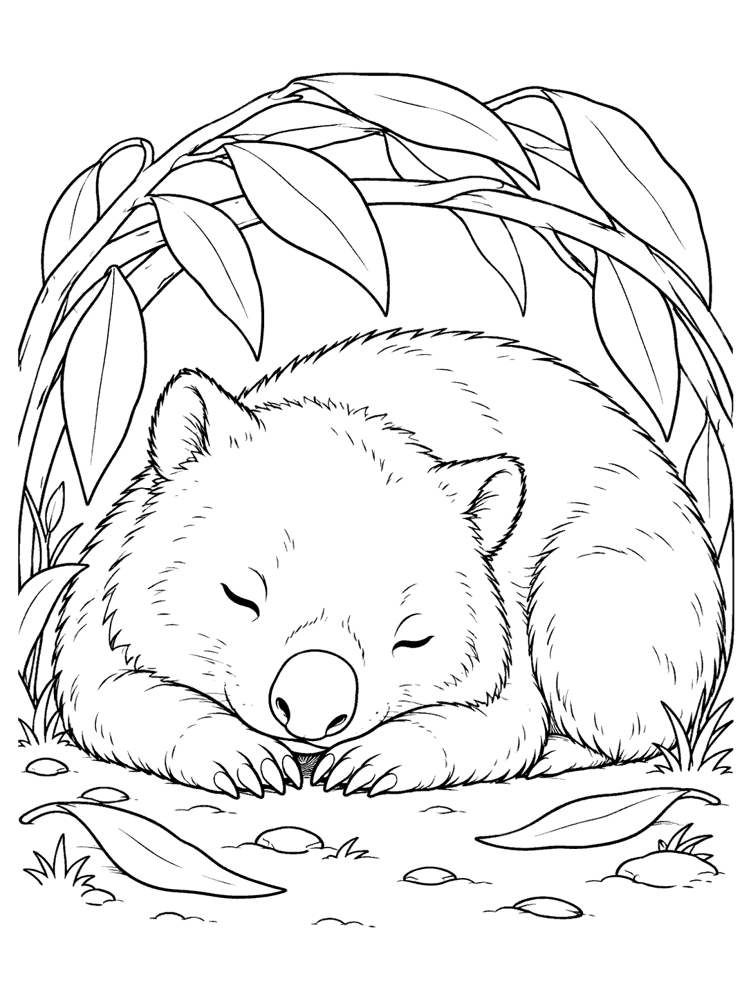Sleepy, round-eared wombat curled beneath an arching leafy shelter, with a broad nose and scattered leaves nearby.