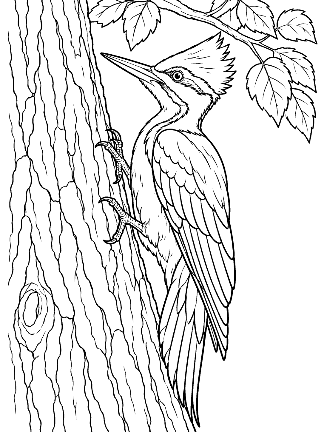 Black-outline coloring page of a pileated woodpecker clinging vertically to a grooved tree trunk, with a leafy branch above.