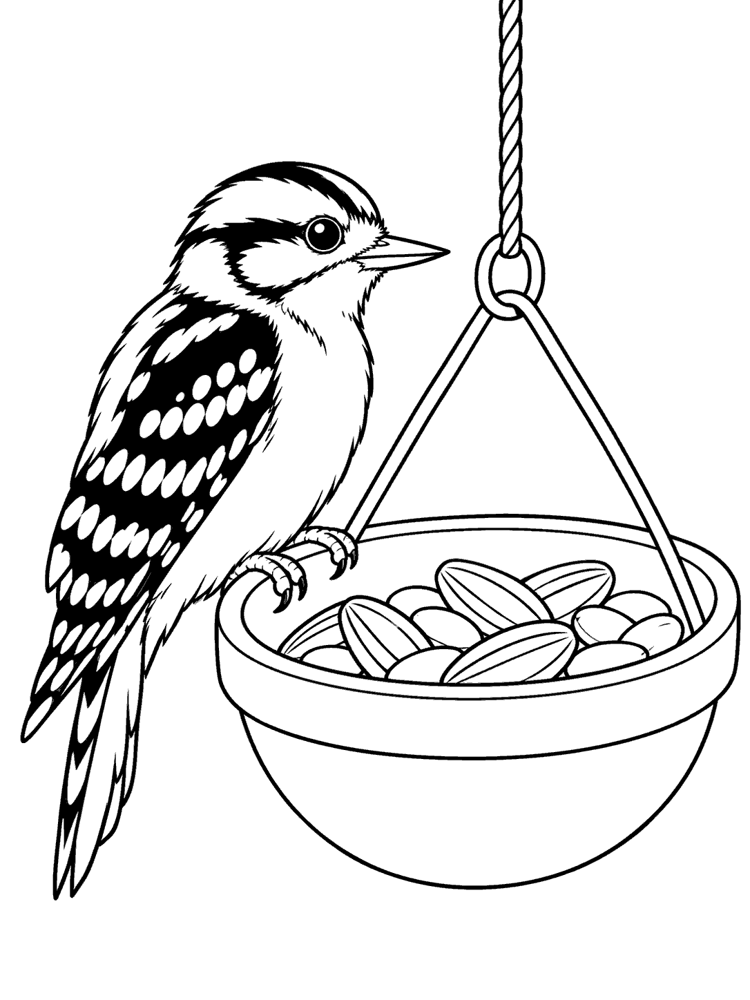 Downy woodpecker perched on the rim of a round hanging seed feeder