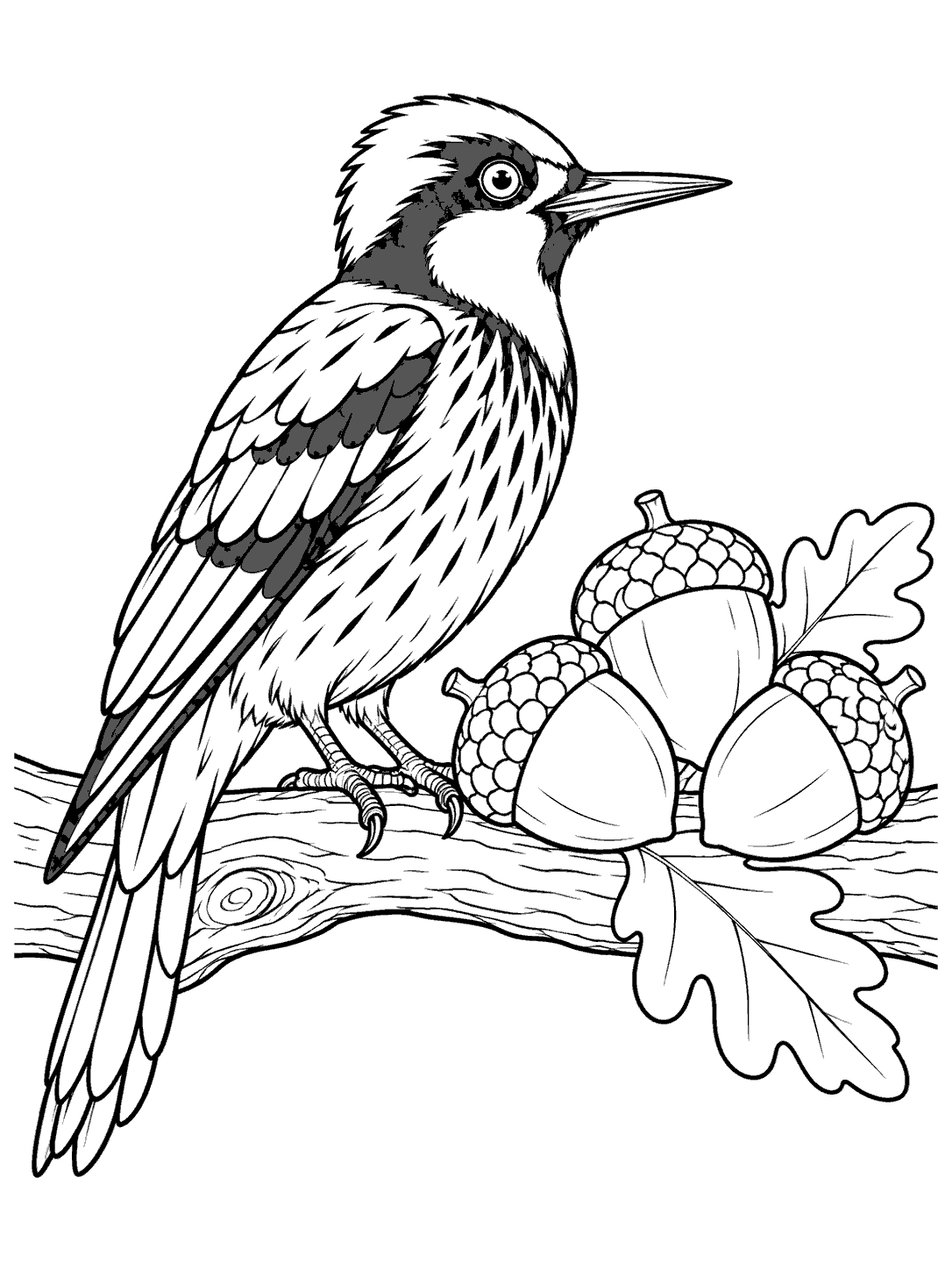 Side-view acorn woodpecker with bold feather markings beside three acorns and oak leaves on a branch.