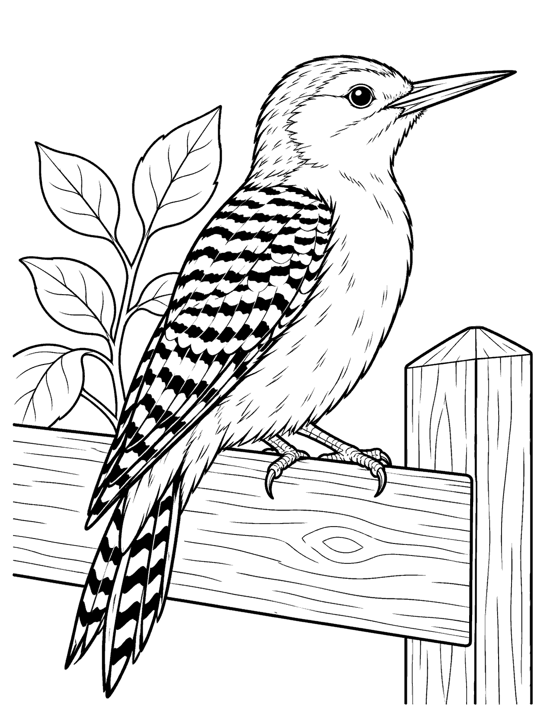 Red-bellied woodpecker perched on a garden fence rail with a barred wing and leafy sprig nearby.