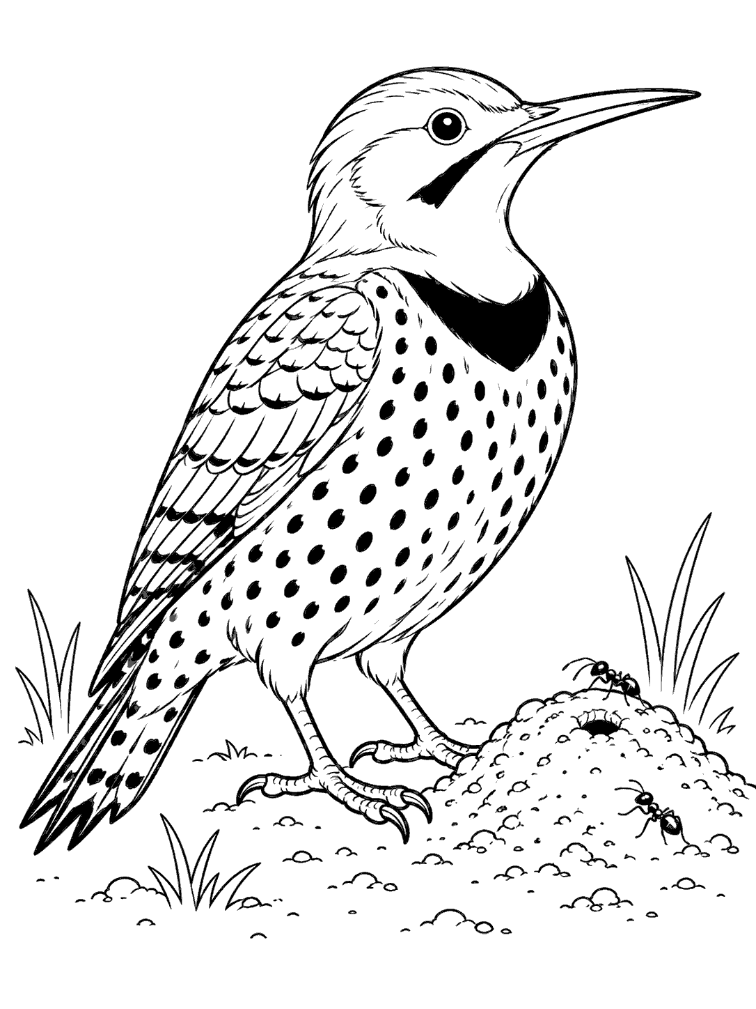 Northern flicker with a spotted breast and dark bib standing beside an ant hill