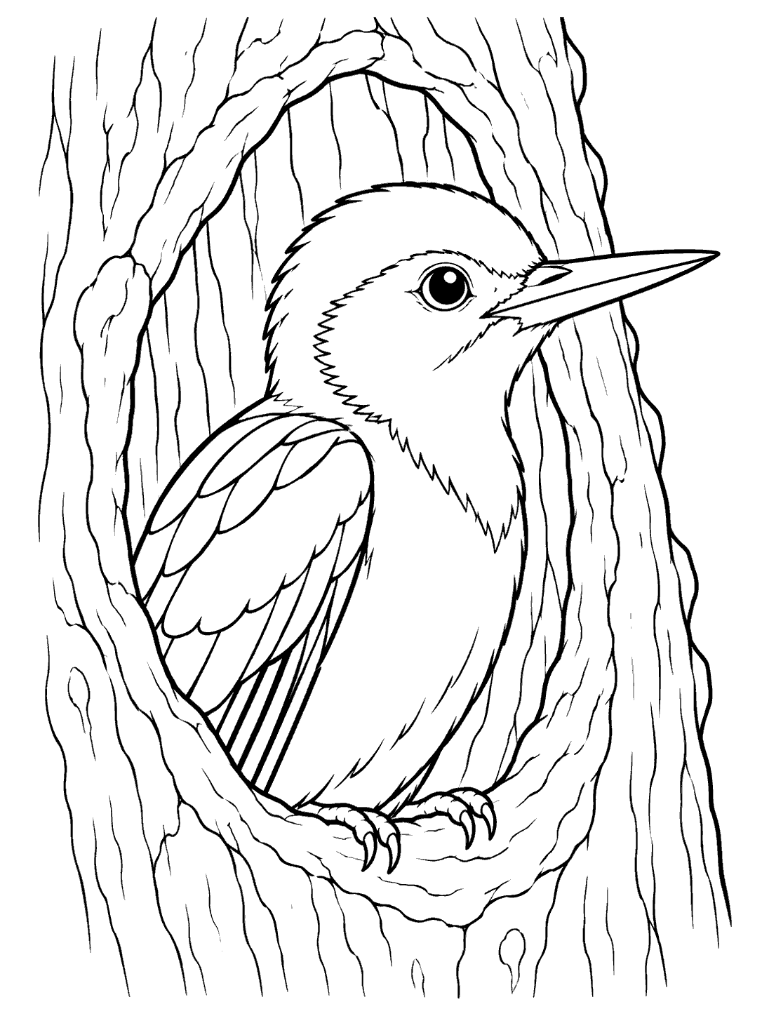 Red-headed woodpecker peeking from a tree hollow
