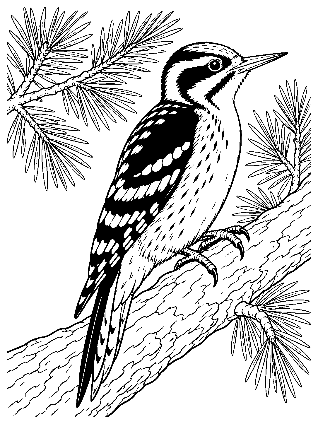 Black-backed three-toed woodpecker perched on a thick pine branch, framed by pine boughs.