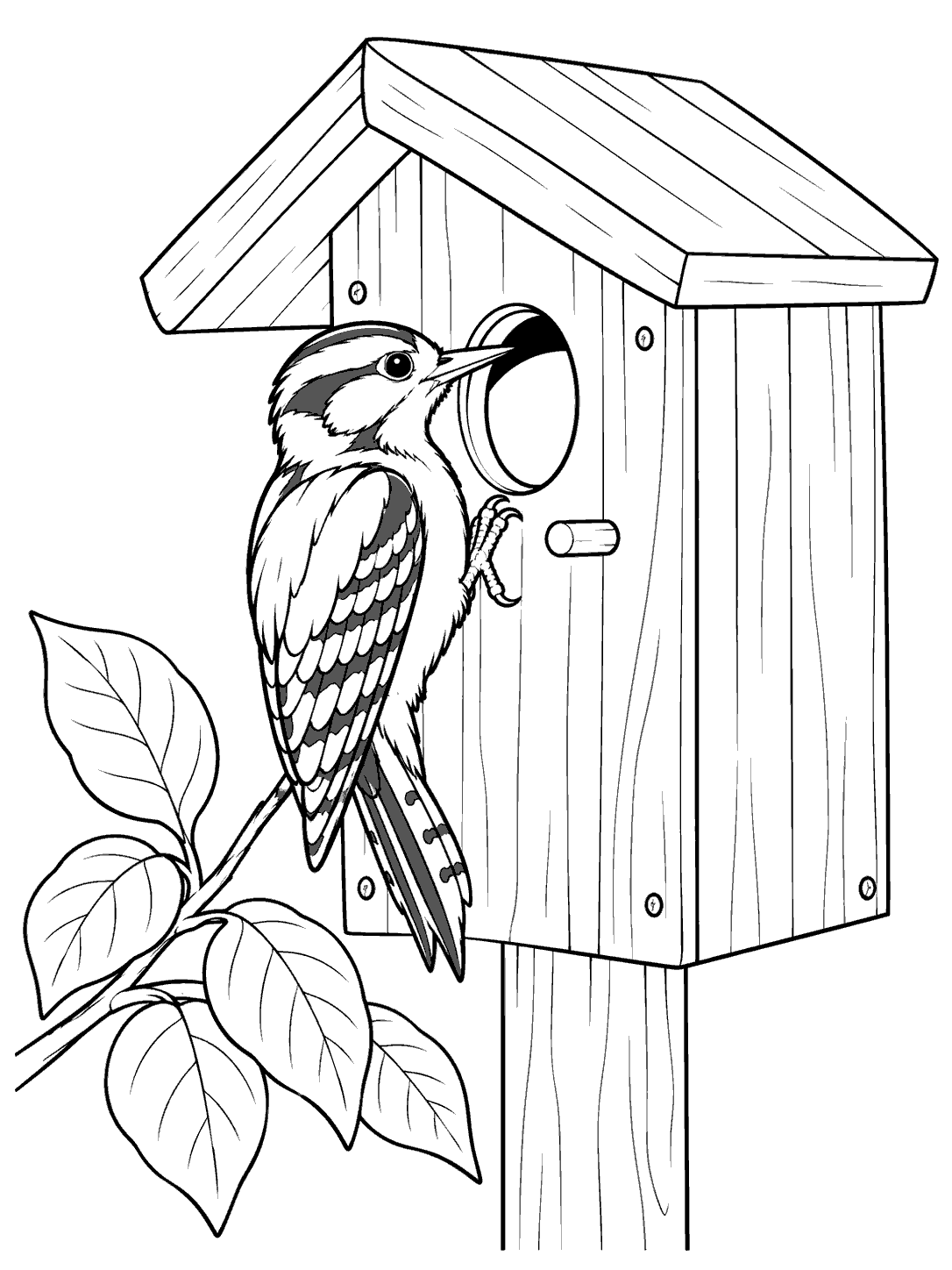 A black and white woodpecker perched at a wooden nesting box, with a nearby leafy branch.