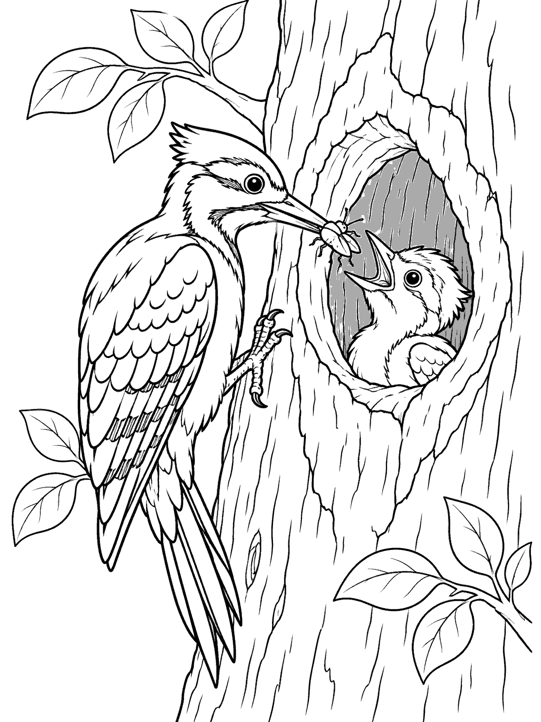 Adult woodpecker offering a single insect to a chick in a tree cavity, with a few leaves and bark details.