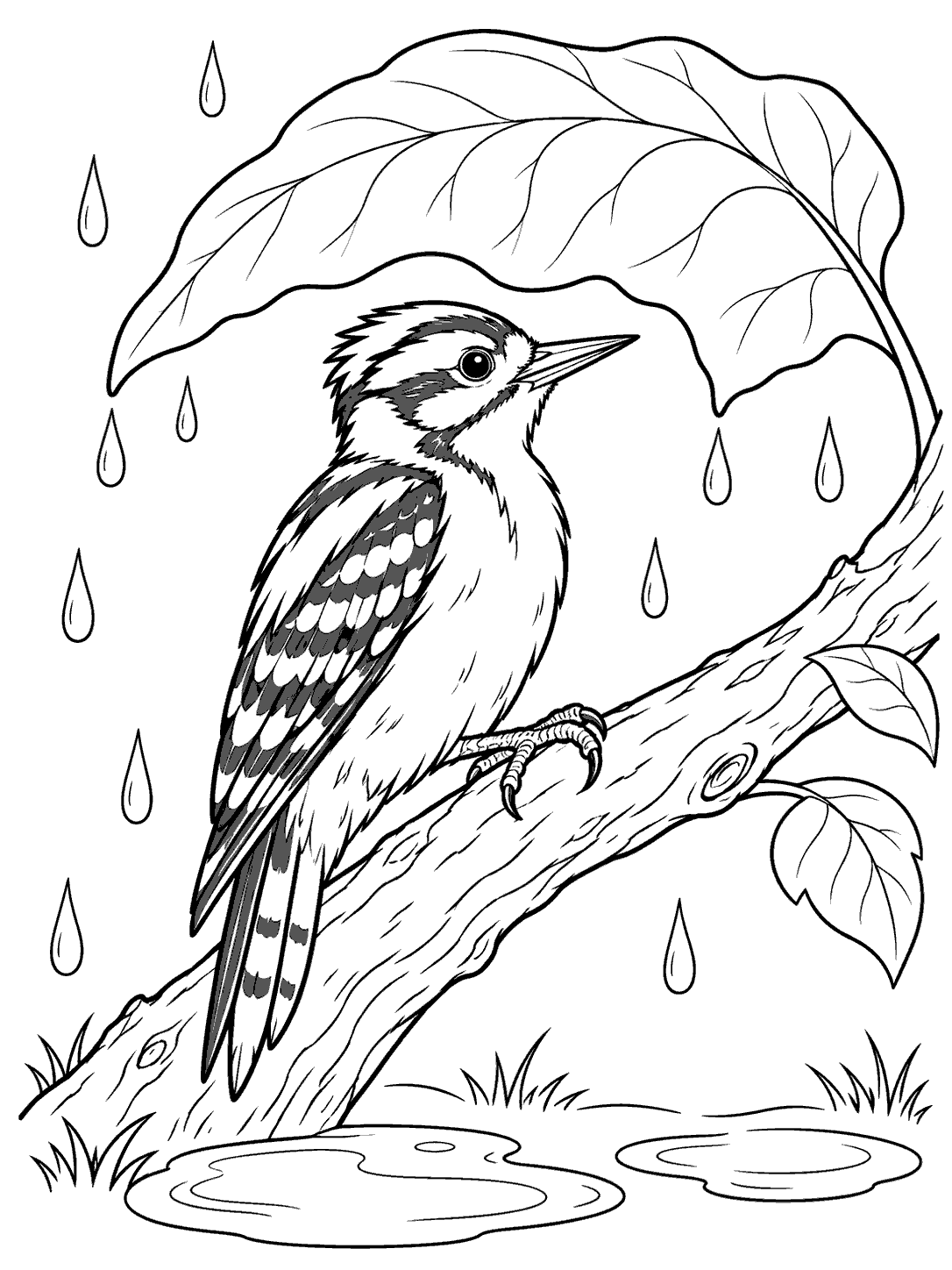 Woodpecker perched on a slanted branch beneath a broad leaf, with raindrops and puddles.