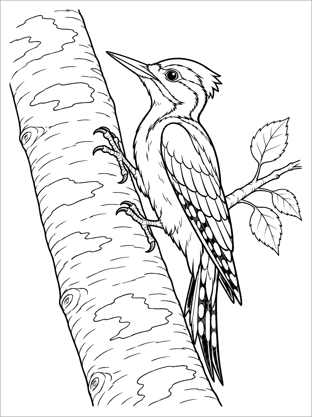 Woodpecker climbing a birch tree with open bark markings and a small leafy branch