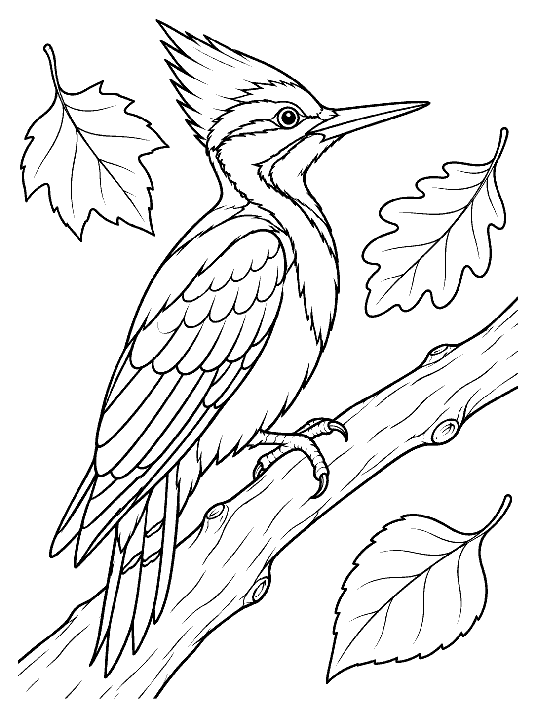 Line-art woodpecker with a tall crest and long bill perched on a branch, surrounded by three outlined leaves.