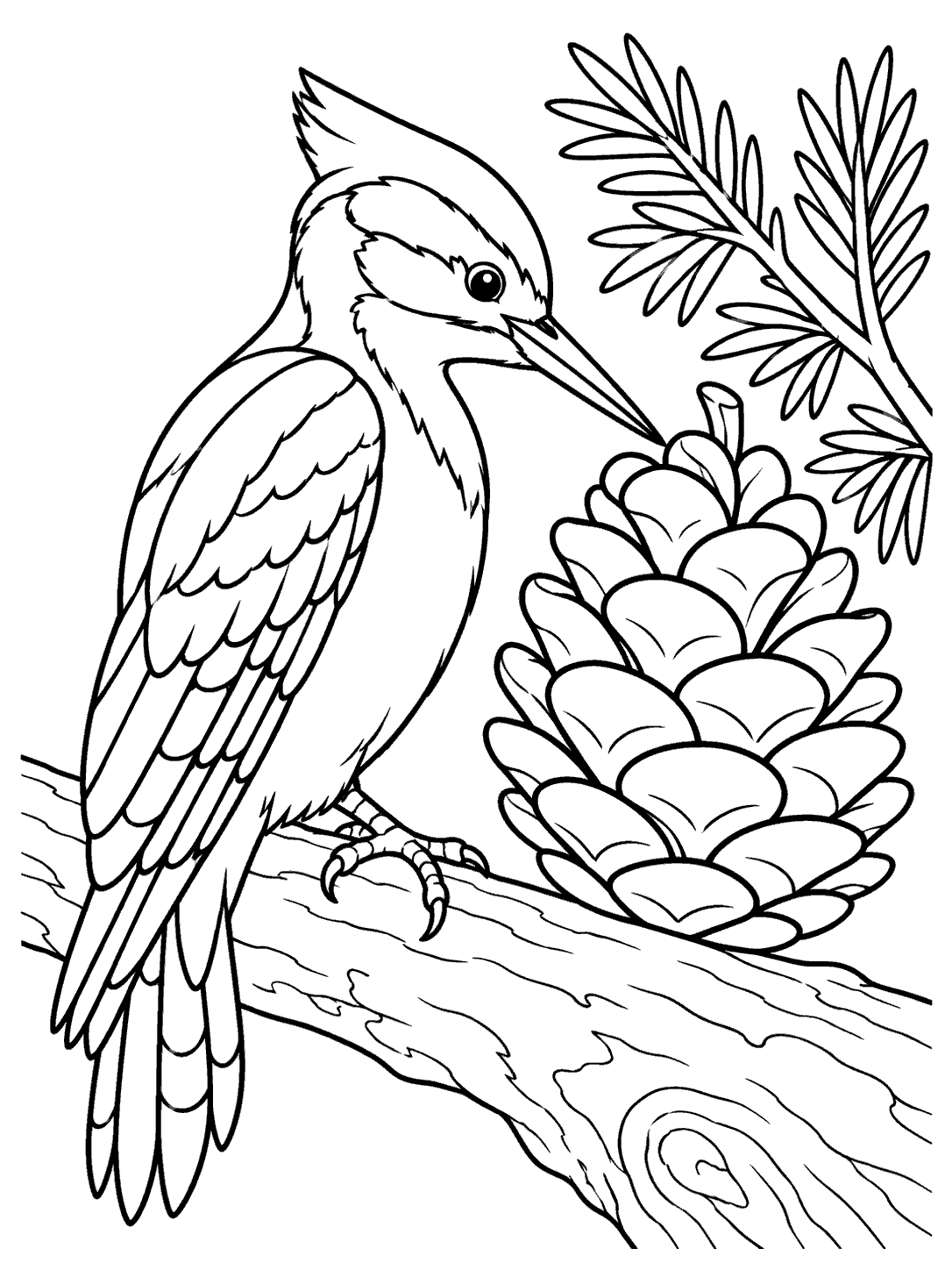 Woodpecker with its bill aimed toward a large pine cone on a branch, with evergreen sprigs behind it.