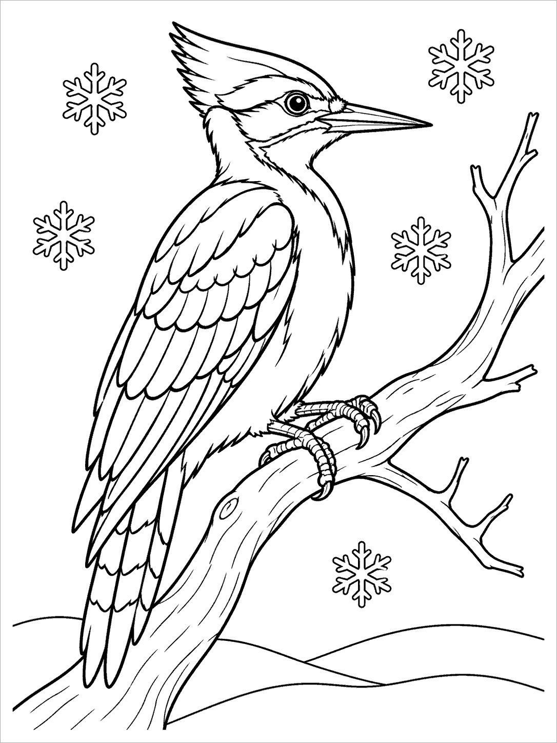 Detailed woodpecker on a bare winter branch above snowdrifts, surrounded by snowflakes