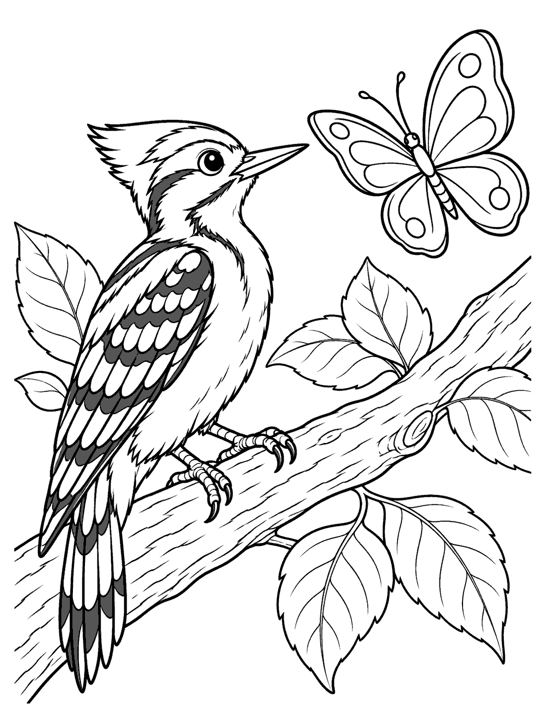 Woodpecker watching a single butterfly beside a leafy branch