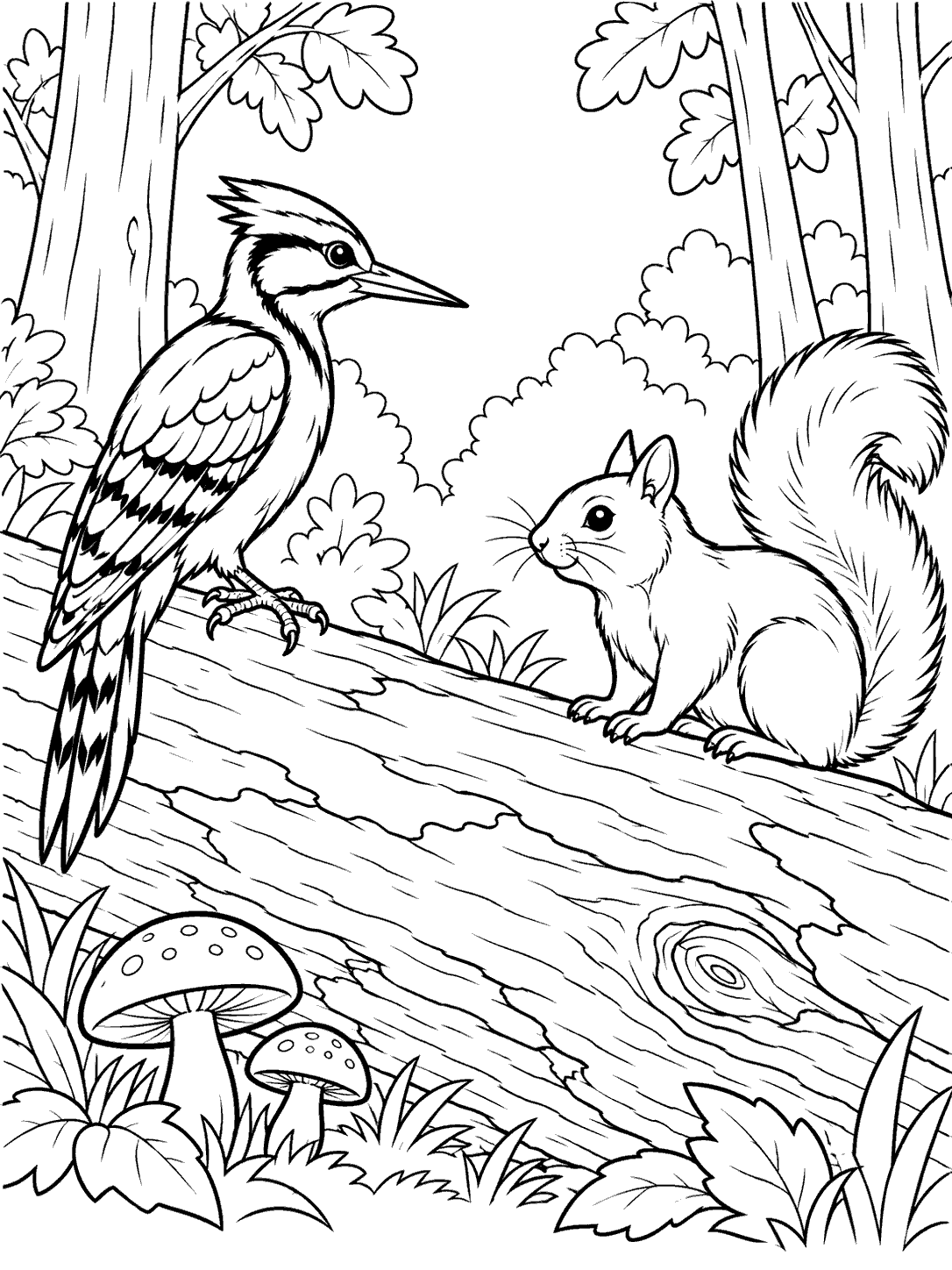 Side-view woodpecker and squirrel on a fallen log, with mushrooms and woodland foliage