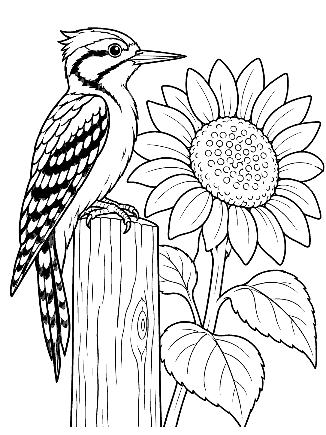 Woodpecker perched on a plain fence post beside a large sunflower with open seed circles and wide petals.