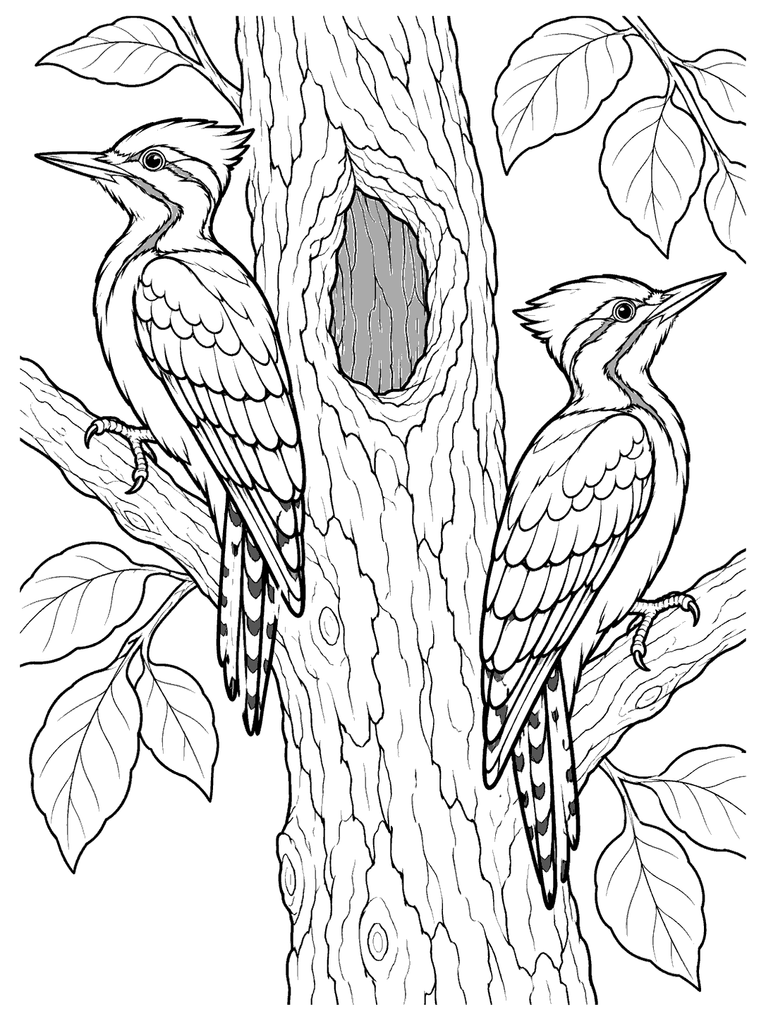 Two woodpeckers facing opposite directions on branches beside a large tree cavity, with broad leaves around them.