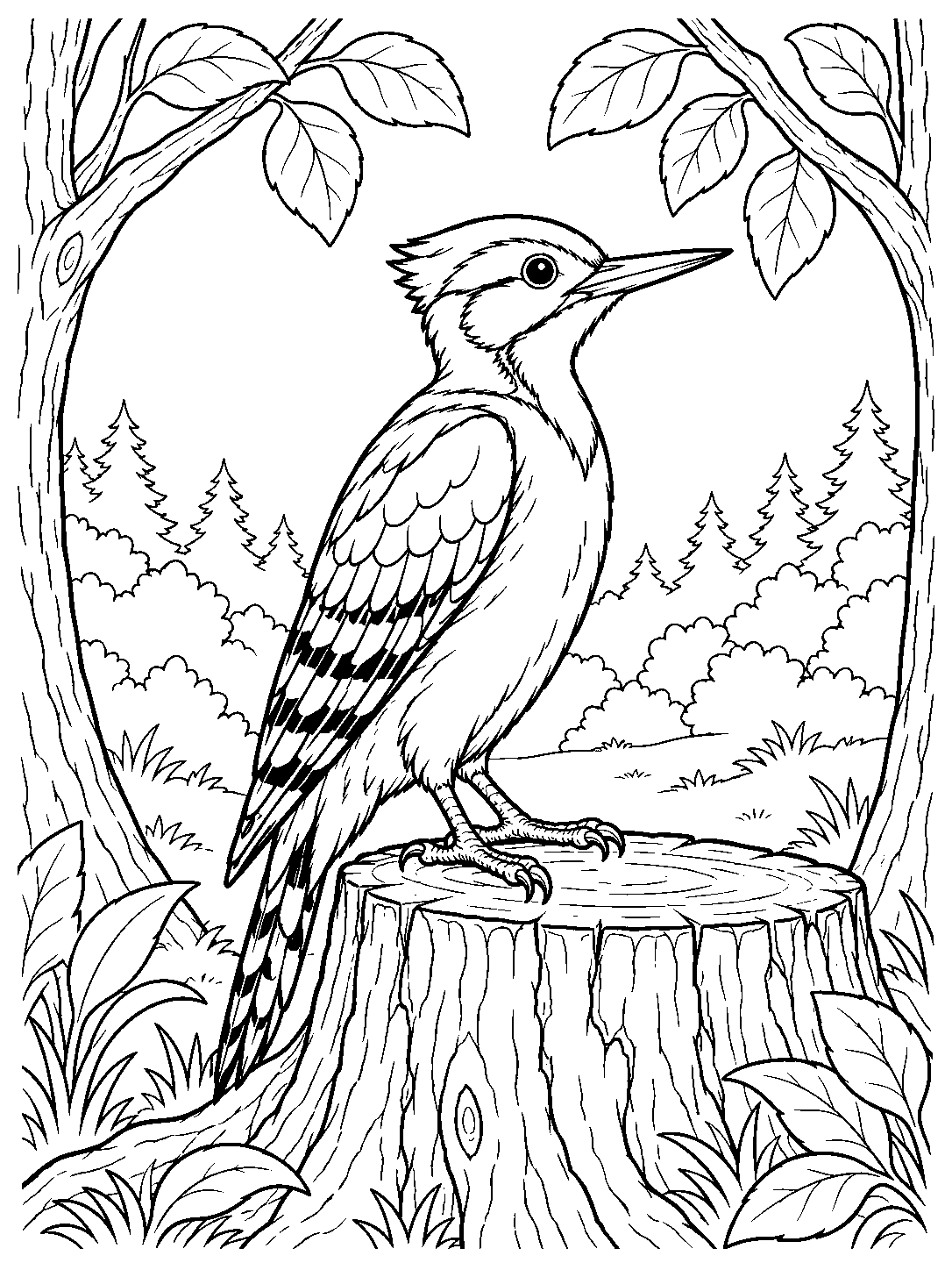 Woodpecker standing on a stump in a woodland clearing, framed by trees, leaves, and shrubs.