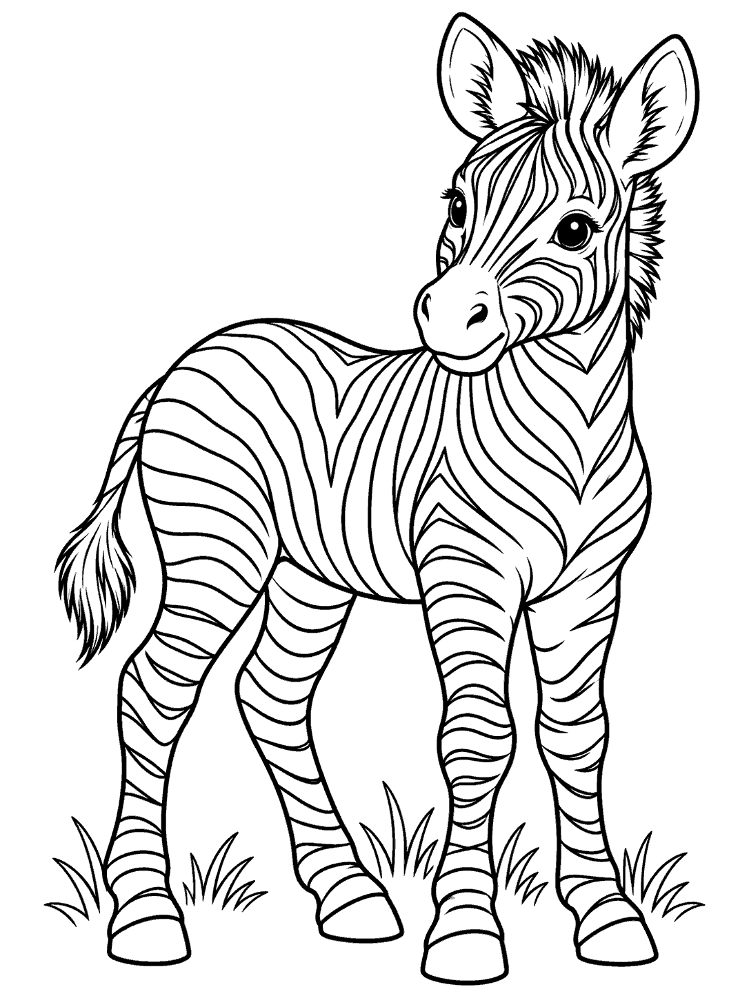 Black-and-white zebra foal coloring page with closed stripes and tufts of grass