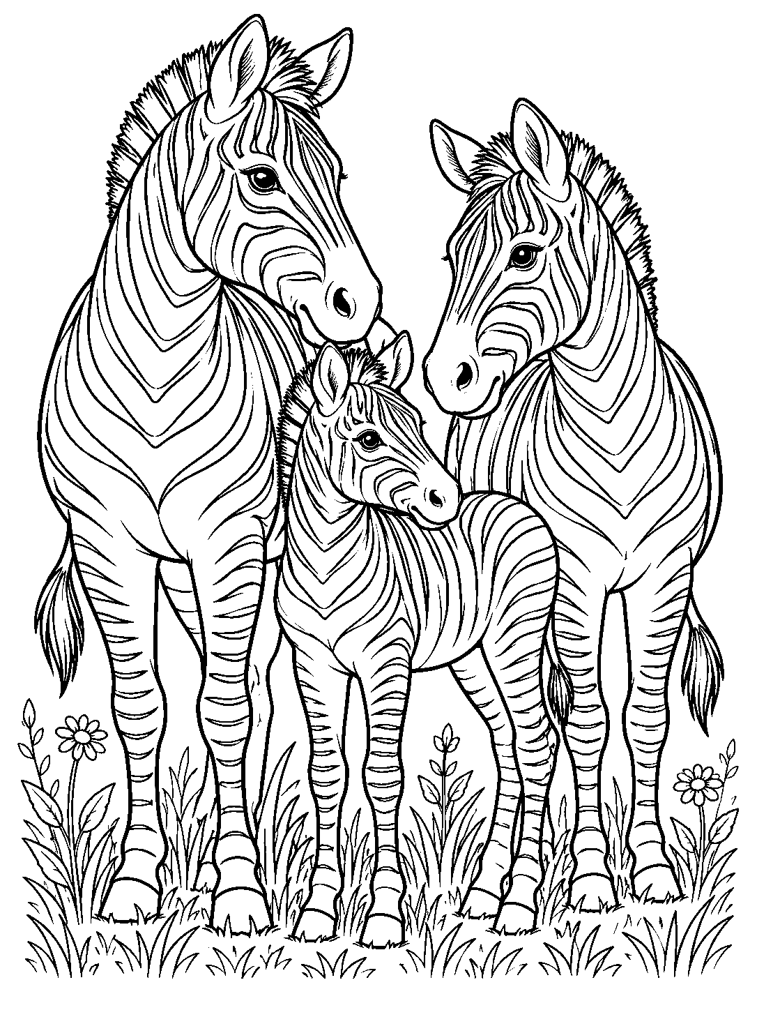 Two adult zebras and their foal in a meadow coloring page