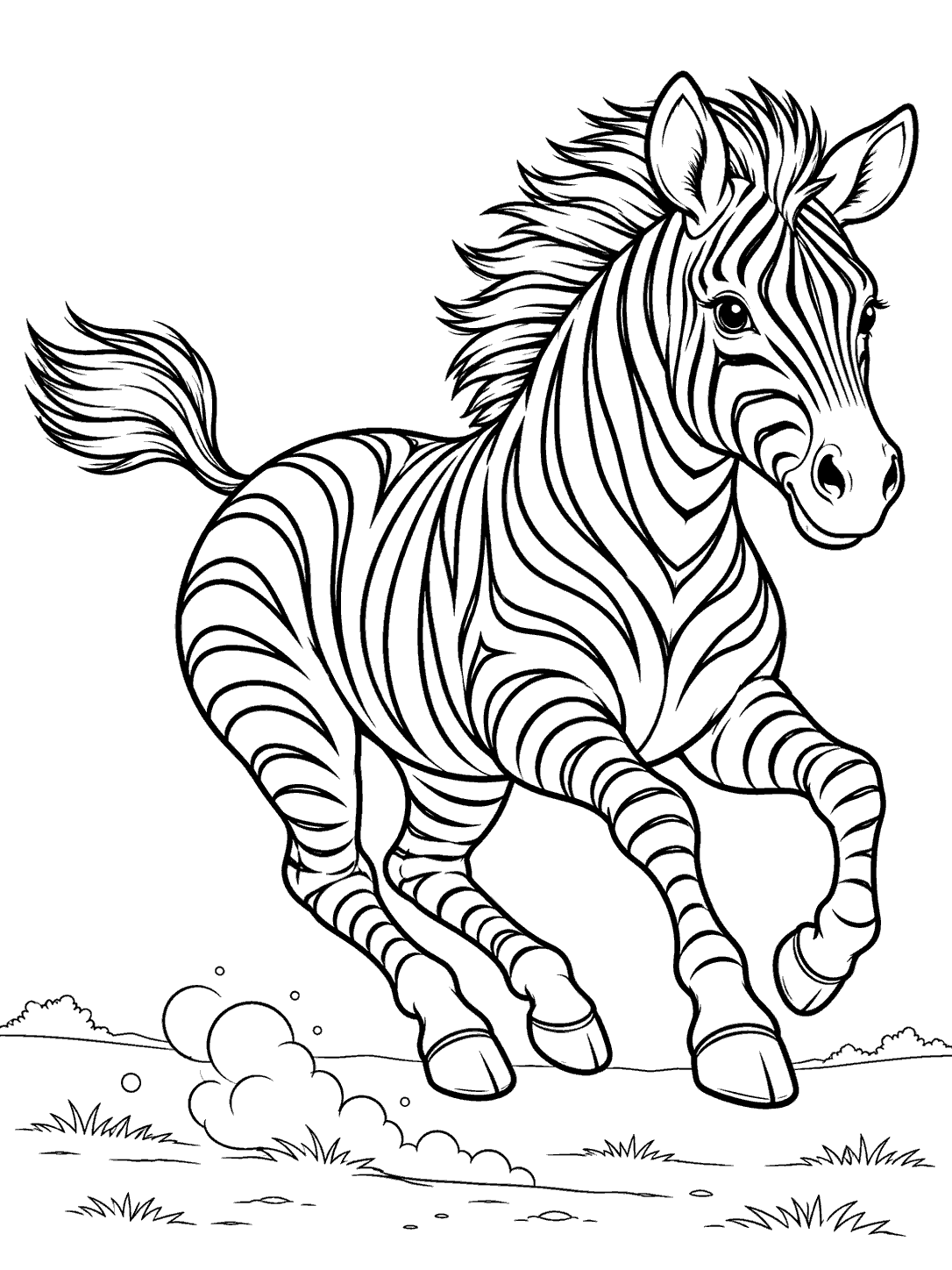 Black-and-white line art of a zebra galloping above a low grassy horizon with dust curls.
