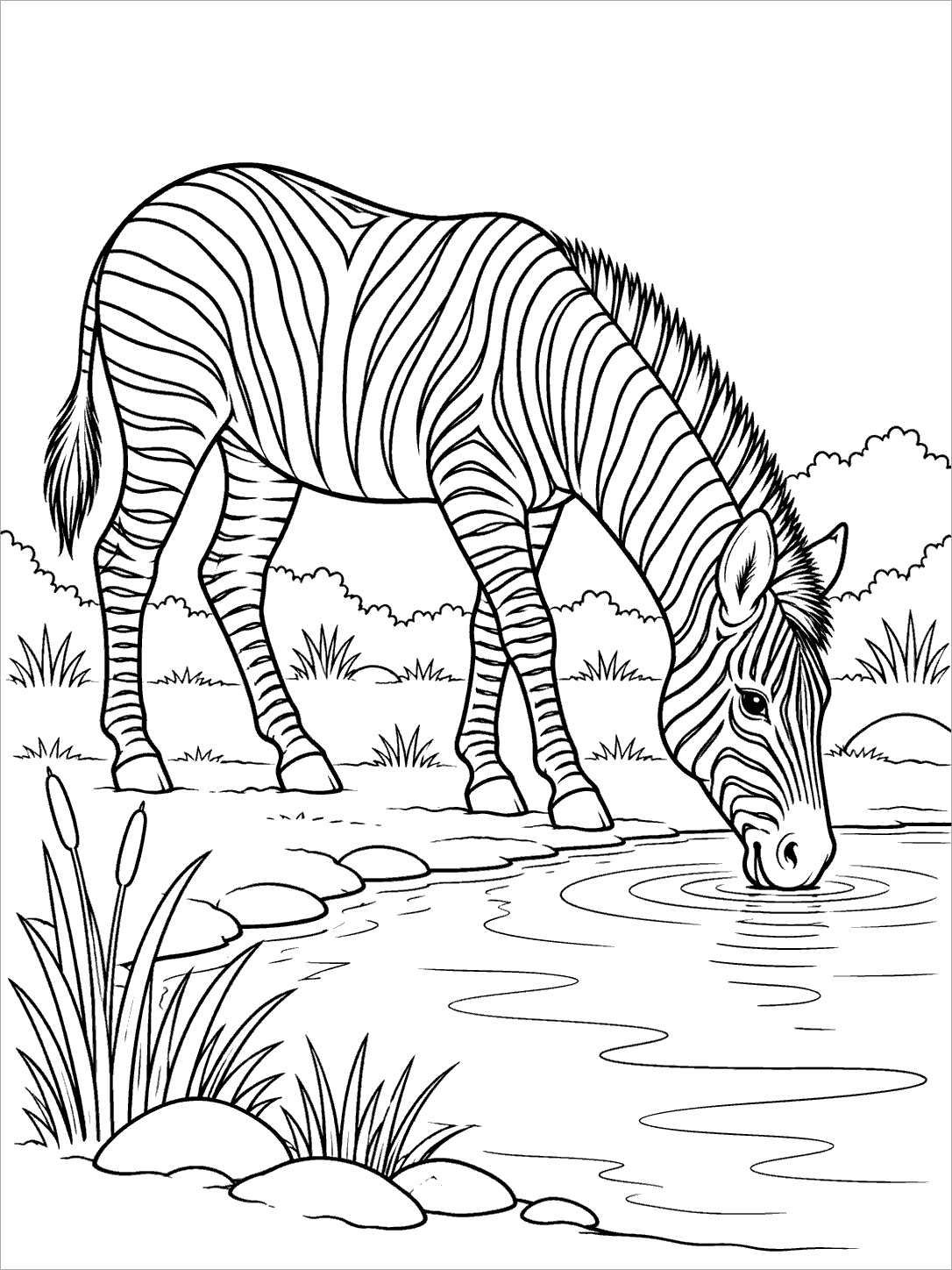 Zebra drinking beside a watering hole coloring page