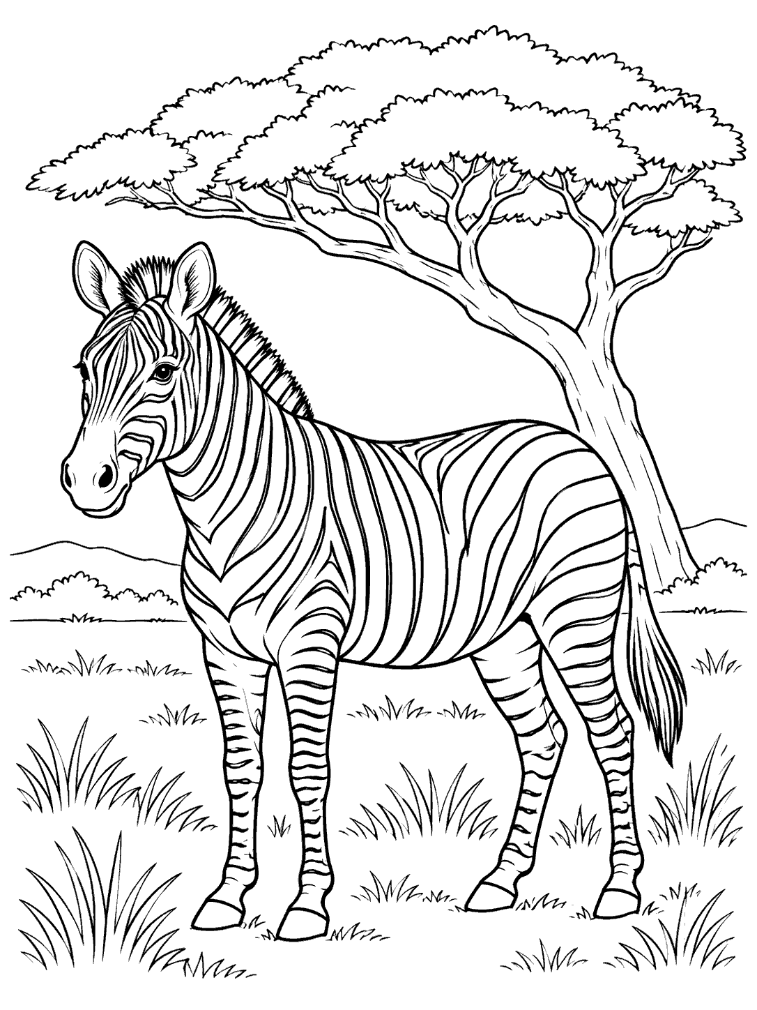 Zebra standing beneath a broad-canopied acacia tree in a savanna coloring page