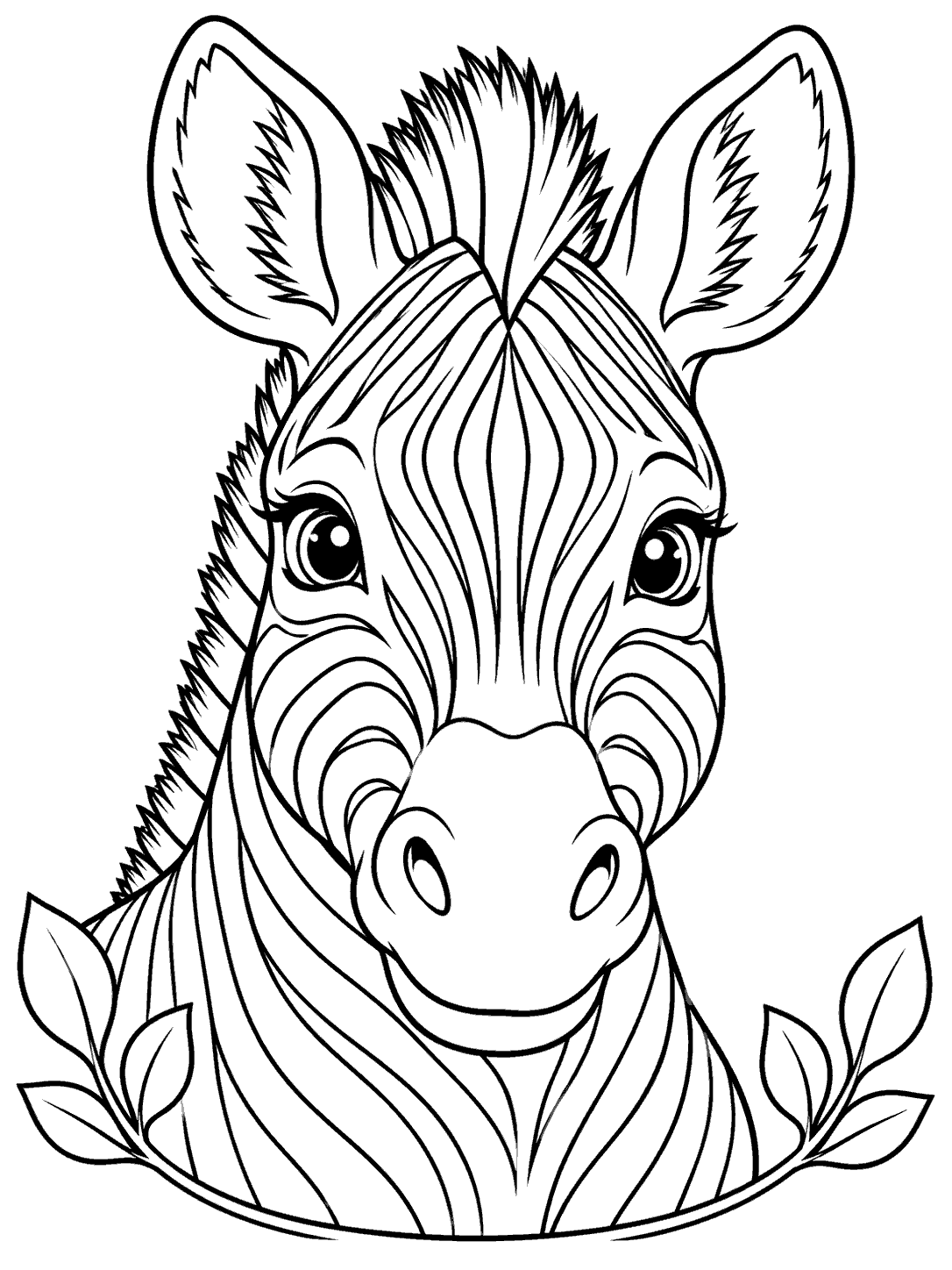 Centered front-facing zebra portrait coloring page with tall ears, expressive eyes, a soft muzzle, and leafy accents at the lower corners.