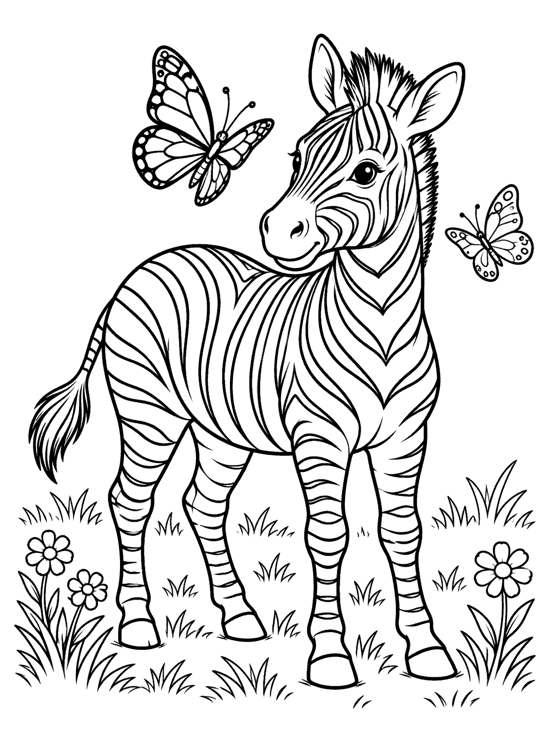 A fully visible striped zebra with two distinct butterflies and flowers, drawn as a black-and-white coloring page.