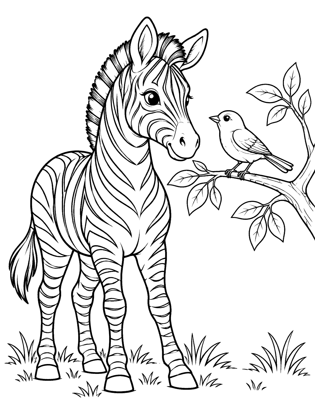 Black line art of a zebra standing beside a perched bird on a branch, with leaves and grass tufts.