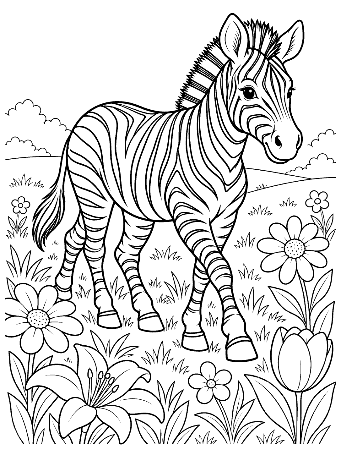 Zebra walking through a flower meadow coloring page