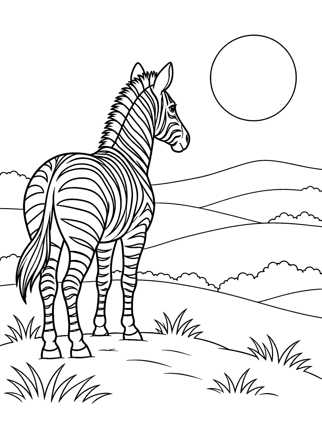 Zebra standing on a low rise, looking toward rolling hills and a large sun in a black-line coloring page.