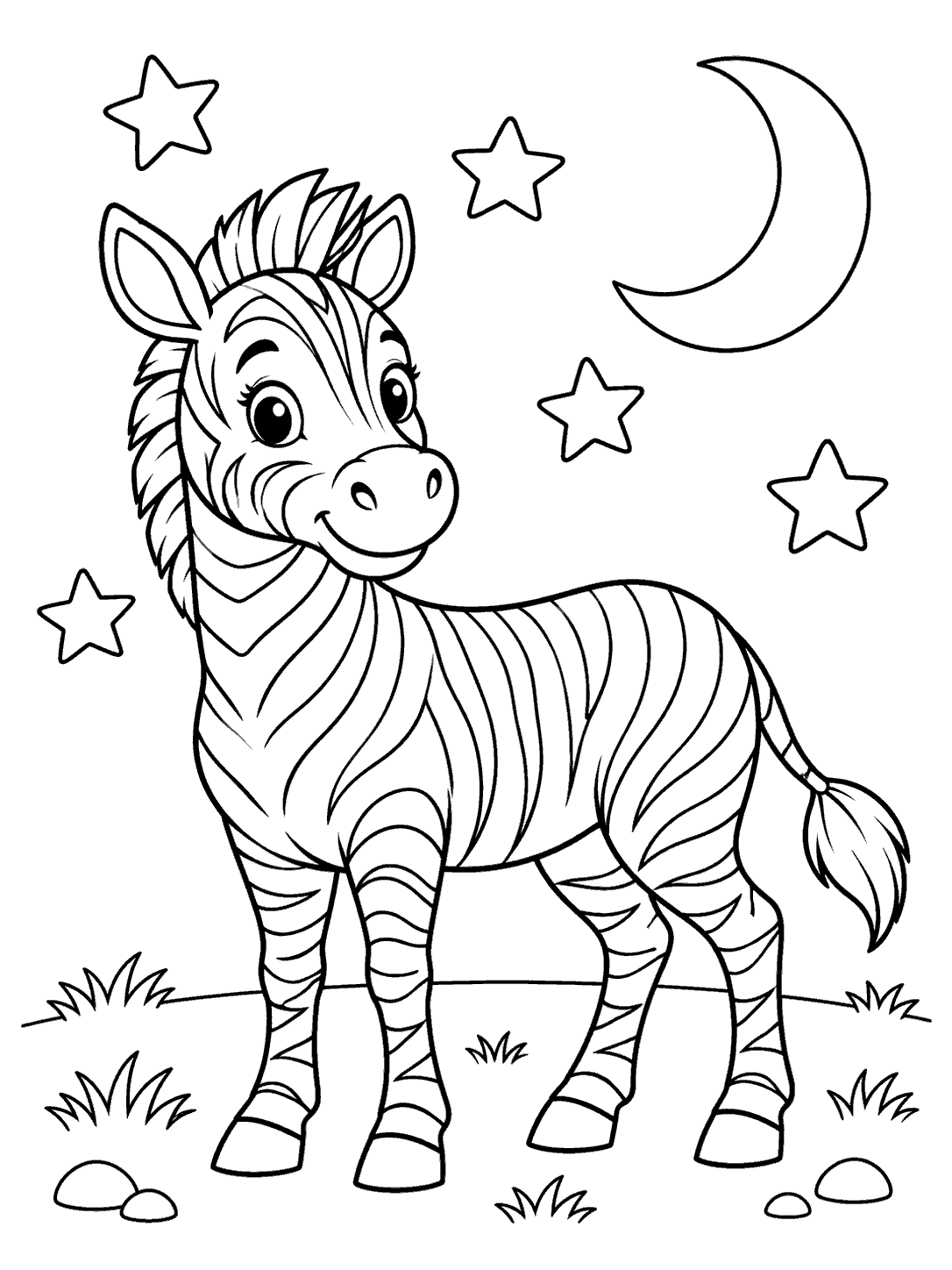 Zebra beneath a crescent moon and five stars on a printable coloring page