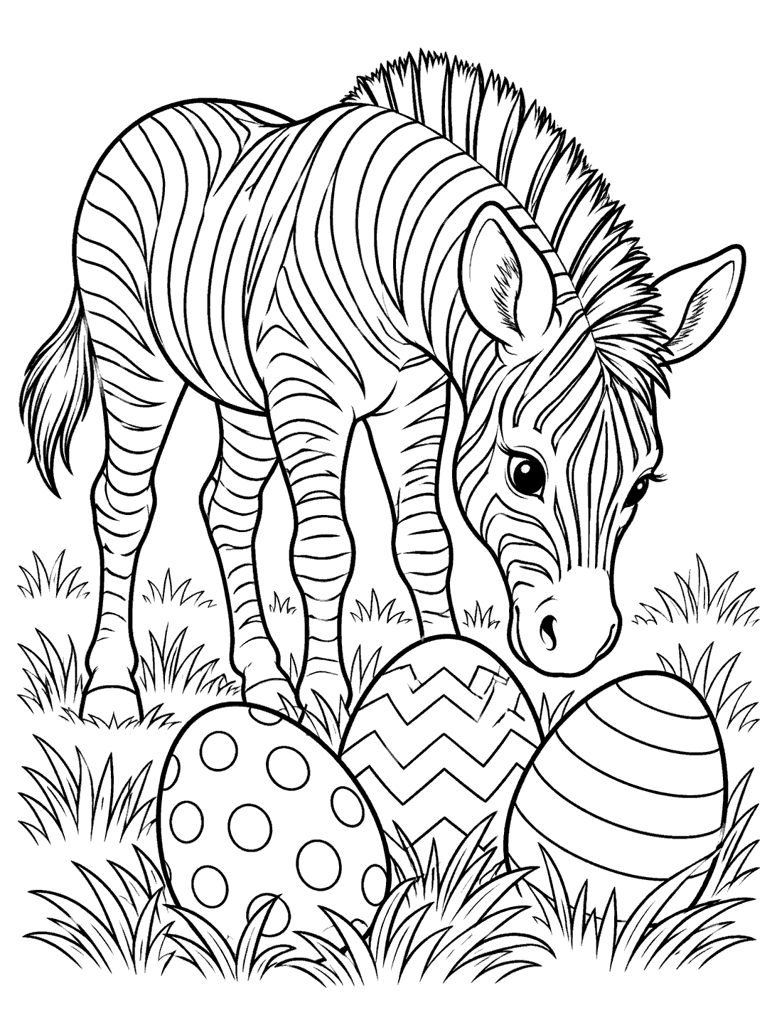 A zebra lowers its head toward three patterned eggs in a grassy coloring page.