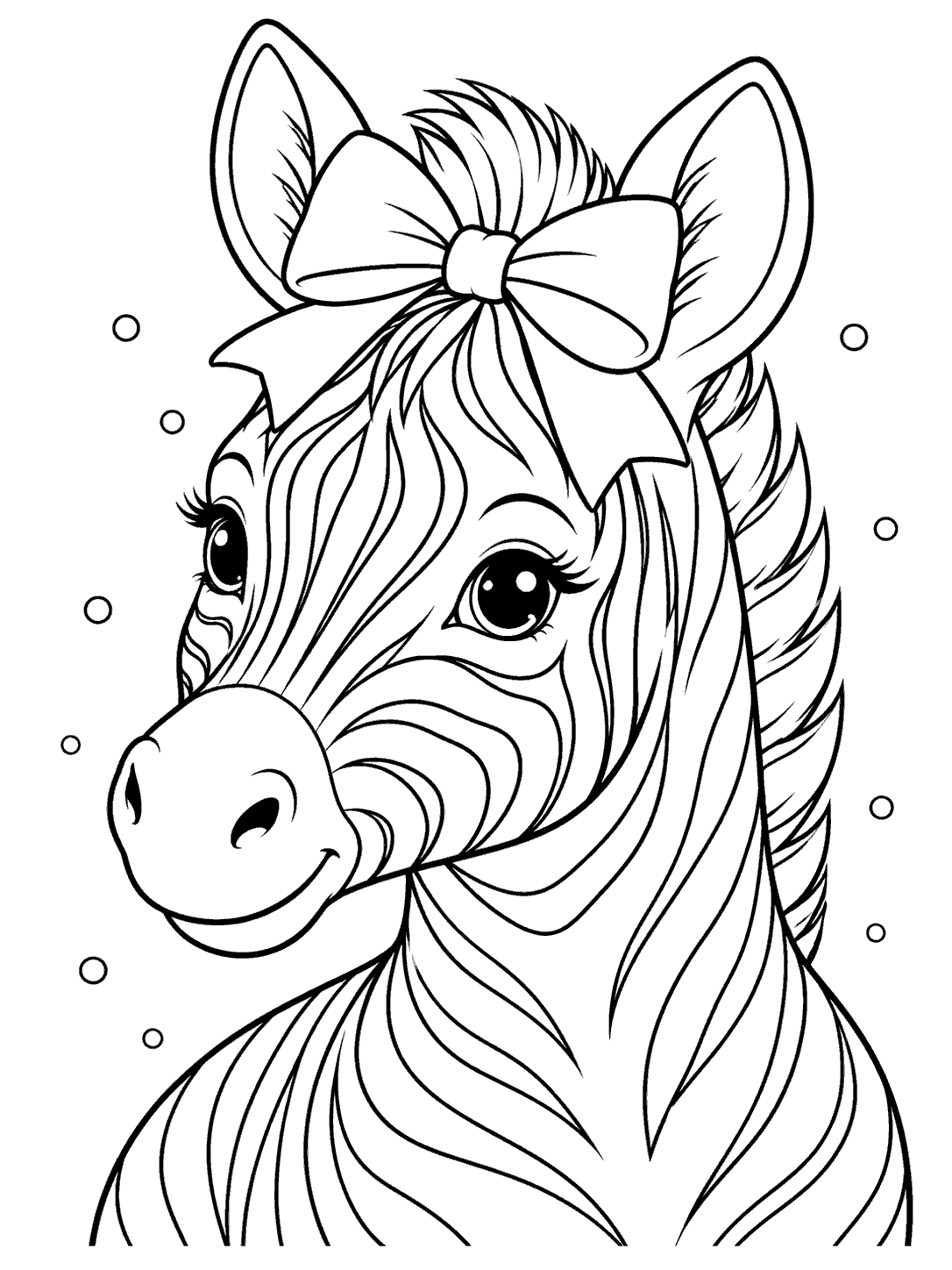 Portrait coloring page of a striped zebra with a large bow and decorative dots