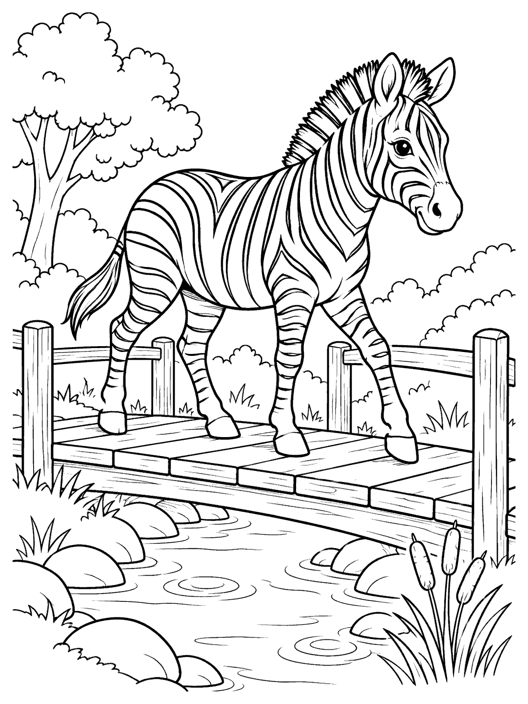 Black-and-white coloring page of a zebra crossing a wooden bridge over a stream, with reeds and rocks nearby.