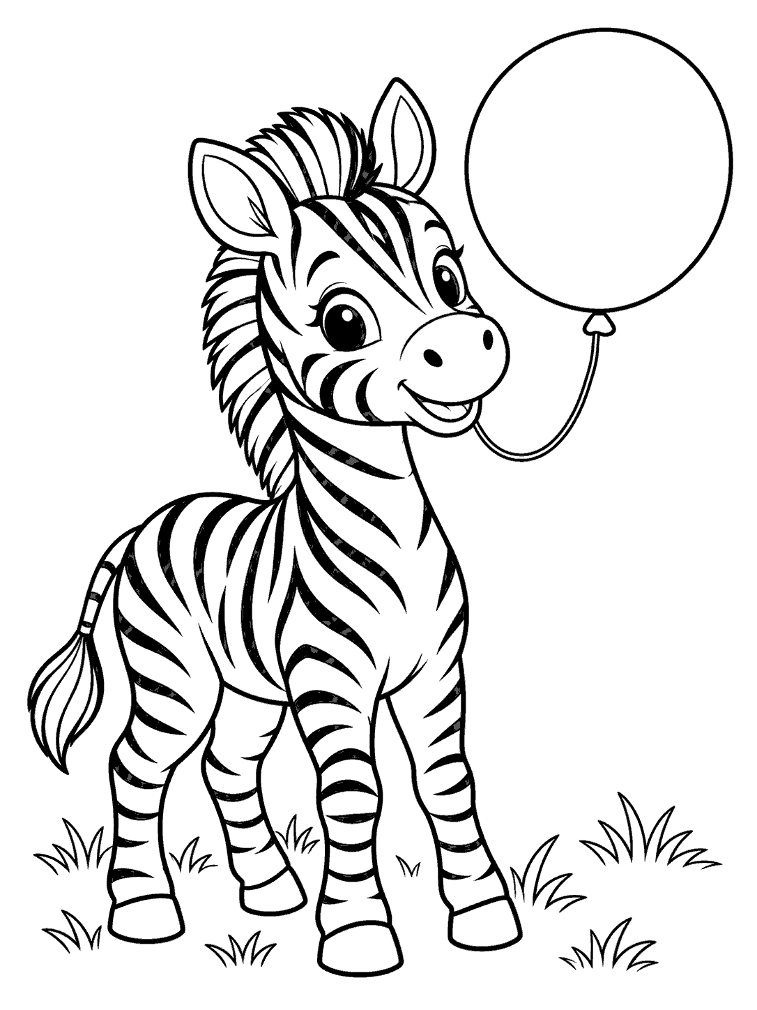 Black and white coloring page showing a playful striped zebra beside a blank round balloon, with grass tufts at its feet.