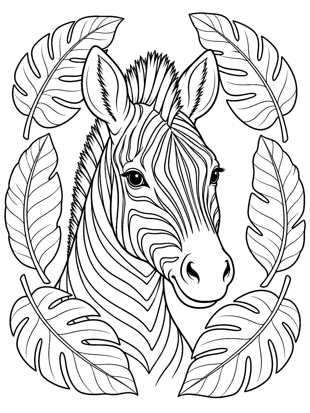 Black-and-white zebra head and neck framed by six large tropical leaves, coloring page