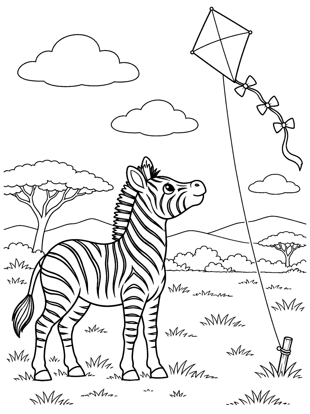 Zebra watching a diamond-shaped kite with a curling bow-decorated tail, coloring page