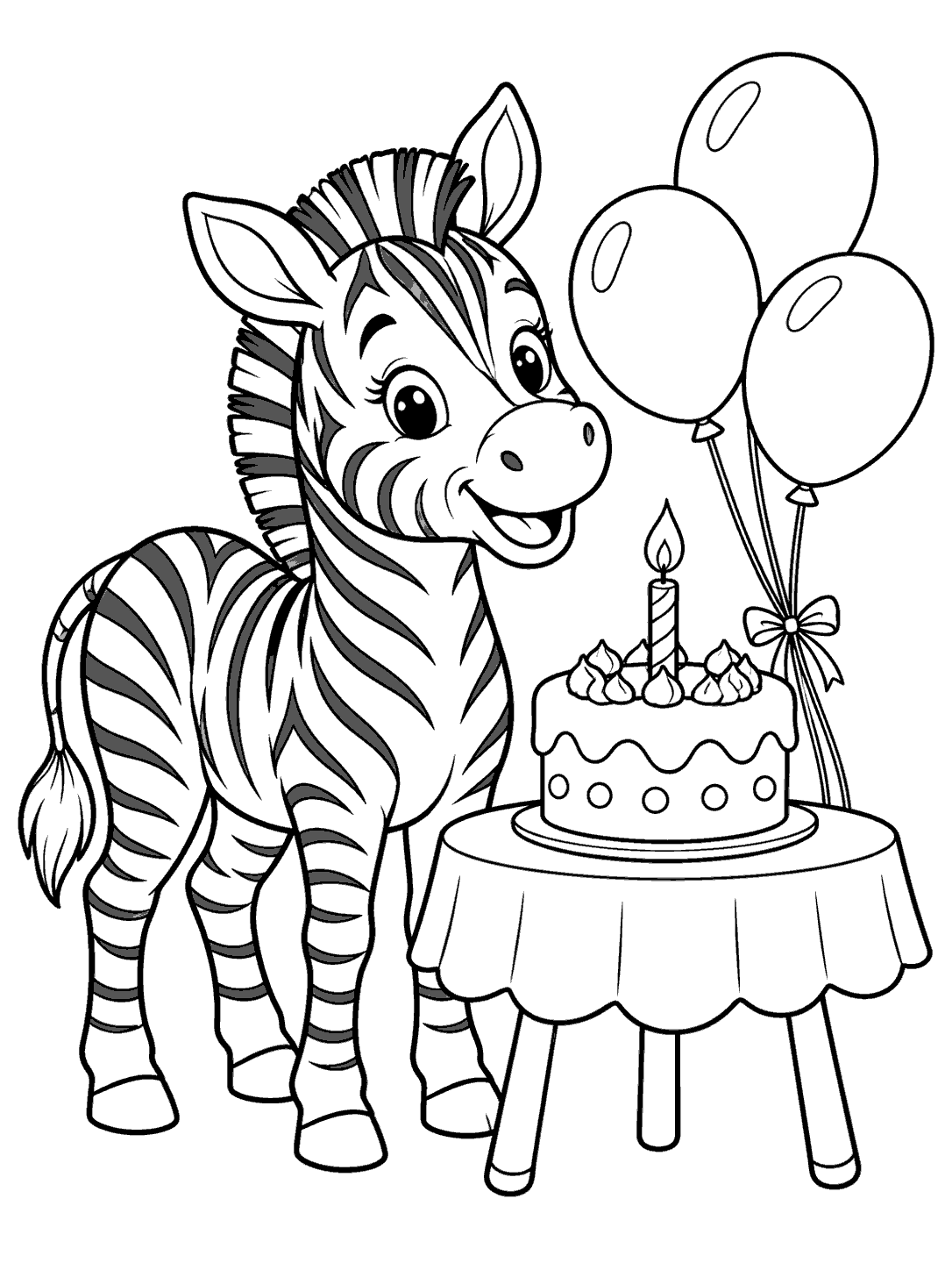 A smiling striped zebra stands beside a candlelit birthday cake and three balloons on a printable coloring page.