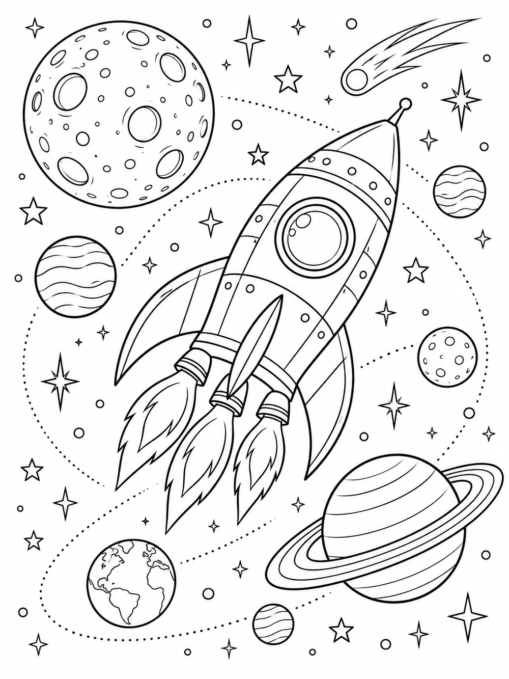 Space adventure coloring page illustration
